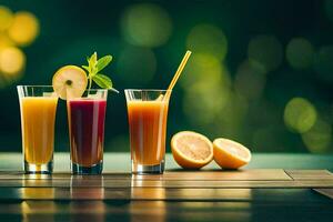 Tres lentes de jugo con rebanadas de fruta. generado por ai foto