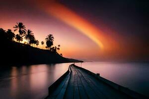 a long pier with palm trees and a rainbow in the sky. AI-Generated photo