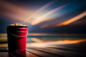 a red bucket with peanuts sitting on a wooden table. AI-Generated photo