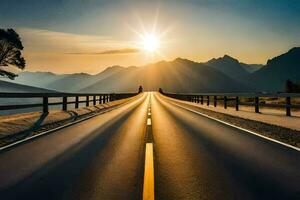 a road with the sun shining on it. AI-Generated photo