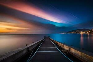 un largo exposición foto de un muelle a puesta de sol. generado por ai