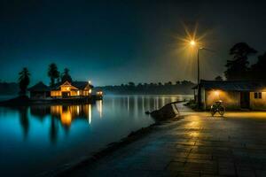 a boat is parked on the shore of a lake at night. AI-Generated photo