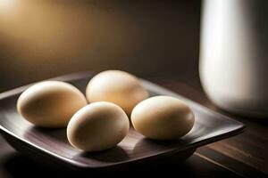 five eggs on a plate in front of a glass of milk. AI-Generated photo