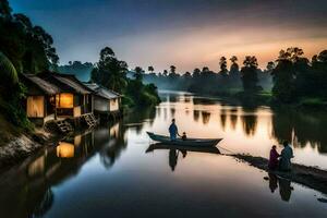 two people in a boat on the river at sunset. AI-Generated photo