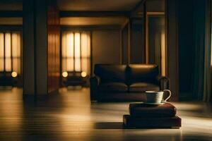 a coffee cup sits on a table in a room. AI-Generated photo