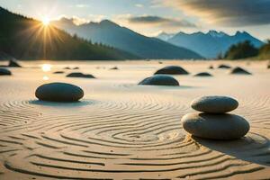 the sun is setting over a sandy beach with rocks and water. AI-Generated photo