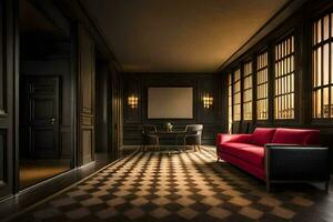 a room with black walls and a checkered floor. AI-Generated photo