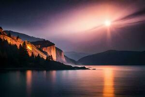 the moon rises over a mountain range and lake. AI-Generated photo