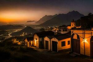 un pueblo a puesta de sol con montañas en el antecedentes. generado por ai foto