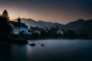 photo wallpaper the sky, mountains, lake, fog, the house, the lake, the house. AI-Generated