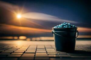 a bucket of blueberries on the beach. AI-Generated photo