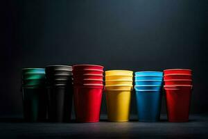 a row of colorful plastic cups on a black background. AI-Generated photo