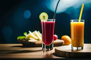 two glasses of juice with fruit and vegetables. AI-Generated photo