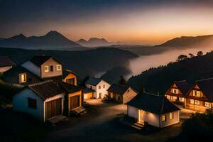 photo wallpaper the sky, mountains, fog, houses, the village, the village, the village. AI-Generated