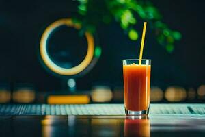 a glass of orange juice on a table. AI-Generated photo