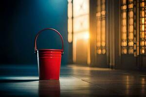 a red bucket sitting on the floor in front of a door. AI-Generated photo