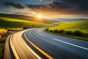 a highway with the sun setting behind it. AI-Generated photo