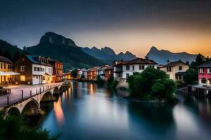 foto fondo de pantalla el cielo, montañas, río, casas, puente, ciudad, atardecer, el ciudad. generado por ai