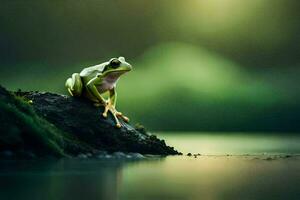 a frog sitting on a rock in the water. AI-Generated photo