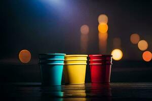 three colorful cups on a table with a blurry background. AI-Generated photo