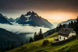 a house sits on a hill overlooking the mountains. AI-Generated photo