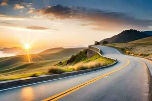 a winding road with the sun setting behind it. AI-Generated photo