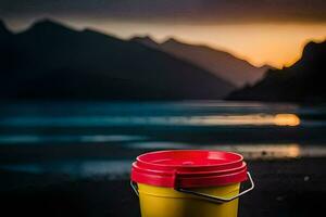 un rojo Cubeta se sienta en el playa a puesta de sol. generado por ai foto