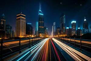 a city at night with lights on the highway. AI-Generated photo