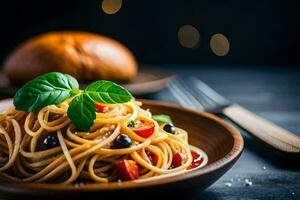 spaghetti with tomato sauce and basil leaves on a wooden plate. AI-Generated photo