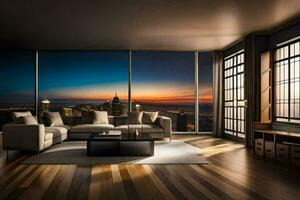 a living room with a view of the city at sunset. AI-Generated photo