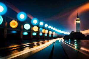 a long exposure photograph of a clock tower and train tracks. AI-Generated photo