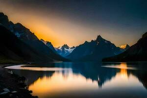 el montañas son reflejado en el agua a puesta de sol. generado por ai foto