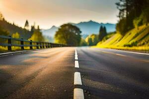 a long empty road with the sun shining in the background. AI-Generated photo