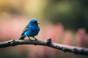 a blue bird sits on a branch in front of a blurry background. AI-Generated photo