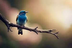 un azul pájaro se sienta en un rama. generado por ai foto