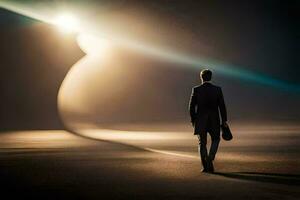 un hombre en un traje camina mediante un oscuro túnel. generado por ai foto
