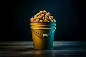 a bucket full of peanuts on a dark background. AI-Generated photo