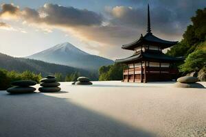 el japonés pagoda en el nieve. generado por ai foto