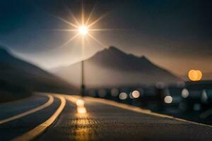 un largo la carretera con un ligero brillante en él. generado por ai foto