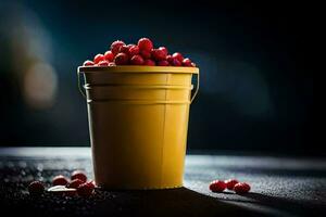 a bucket full of cranberries on a dark table. AI-Generated photo