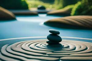 a stone is sitting on top of a spiral in a pond. AI-Generated photo