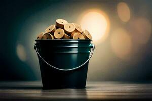 a bucket filled with wooden sticks on a table. AI-Generated photo