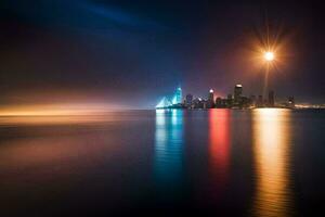 el ciudad luces son reflejado en el agua. generado por ai foto