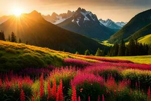 the sun shines over a field of flowers and mountains. AI-Generated photo