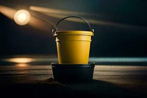 a yellow bucket with a black handle on a wooden table. AI-Generated photo