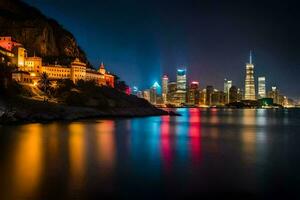 the city lights of shanghai are reflected in the water. AI-Generated photo