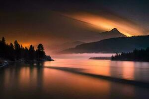 a beautiful sunset over a lake with trees and mountains. AI-Generated photo