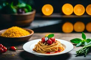 spaghetti with tomato sauce and basil on a plate. AI-Generated photo