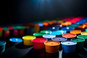 many colorful plastic cups are arranged in a row. AI-Generated photo