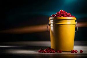 a bucket filled with cranberries on a table. AI-Generated photo